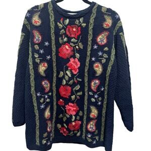 Talbots Vintage May Blue Sweater With Floral Design-Womens Size L- Grannycore